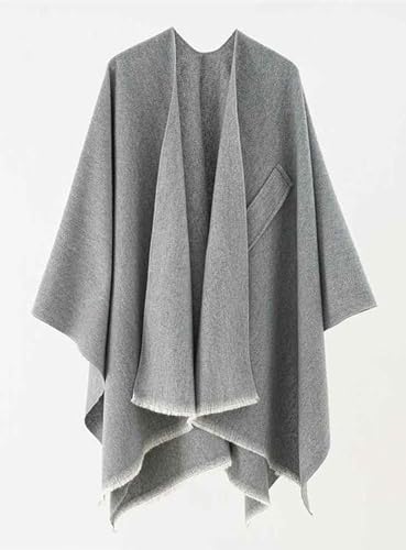 Light gray open-front fringe poncho with pleated front and asymmetrical hem