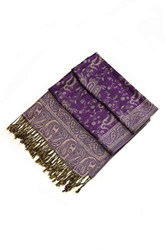 Purple paisley double-layer pashmina shawl with gold fringe trim, folded view