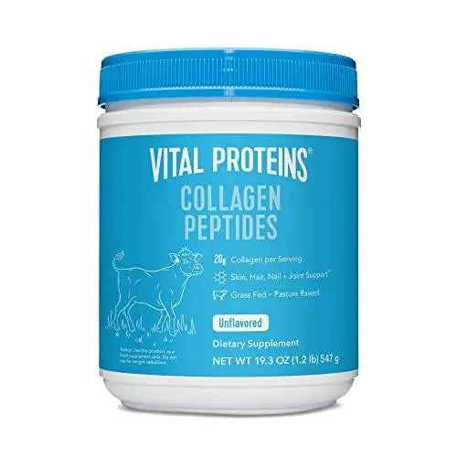 Unflavored collagen peptides powder canister with blue lid and white label