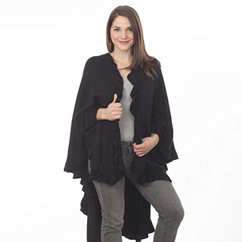 Women’s dark knit open-front poncho cape with ruffle trim and asymmetric layered hem