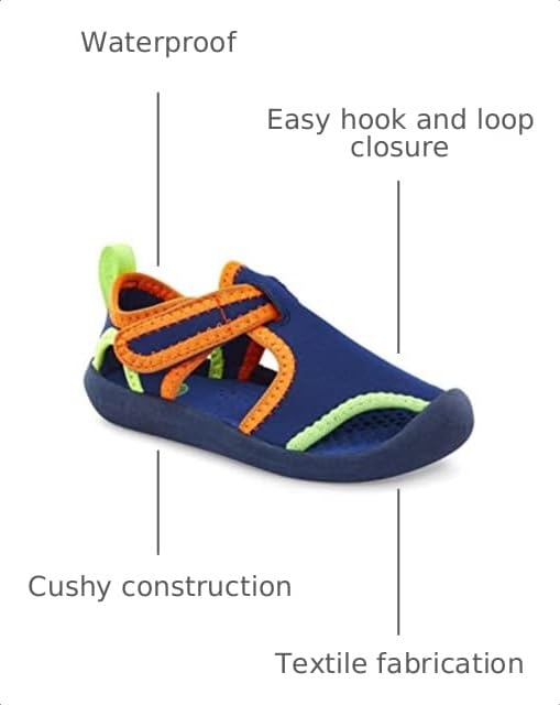 Boys waterproof water shoe with easy hook-and-loop closure and cushy textile construction