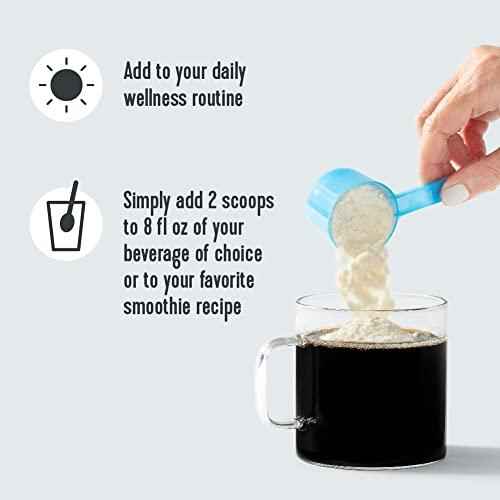 Blue scoop pouring pale collagen powder into a glass of dark beverage