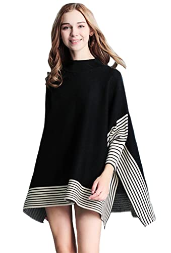 Women's black poncho sweater with mock neck, striped trim hem, and wide sleeves