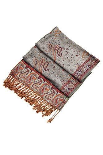 Double-layer jacquard paisley pashmina shawl with fringe, gray and rust red tones.