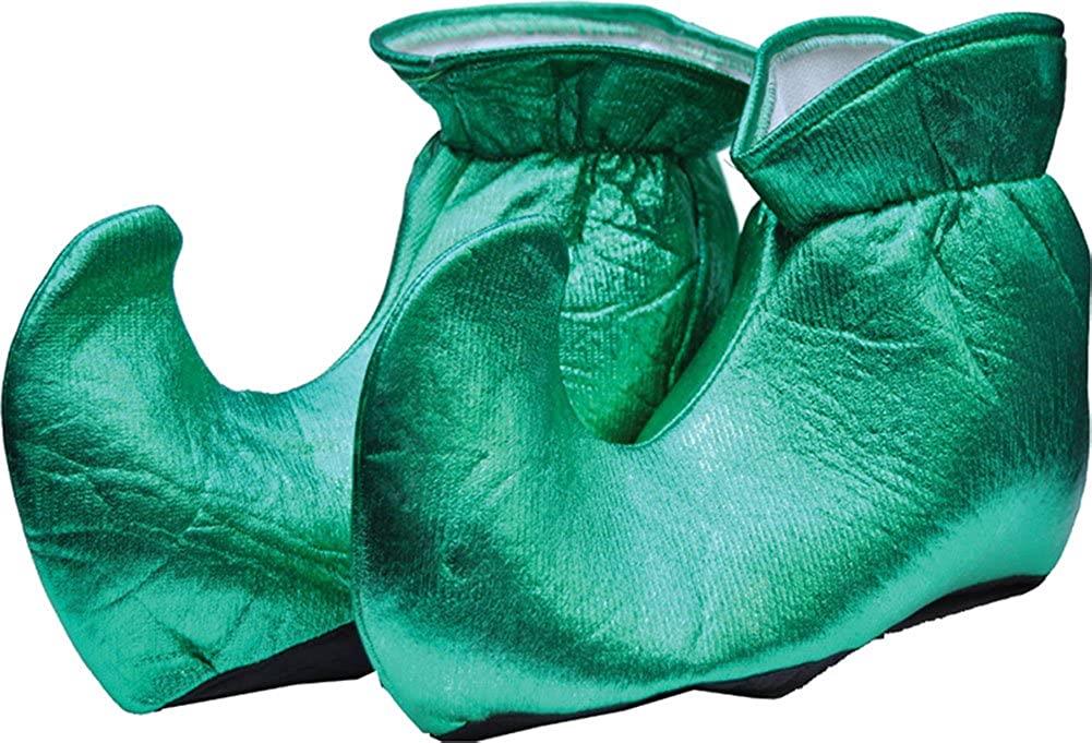 Green cloth elf shoes with curved toe and cuff, front view.