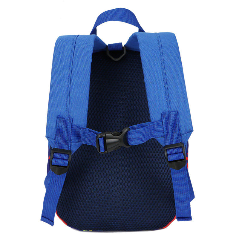 Blue dinosaur print kids backpack back panel with adjustable shoulder straps