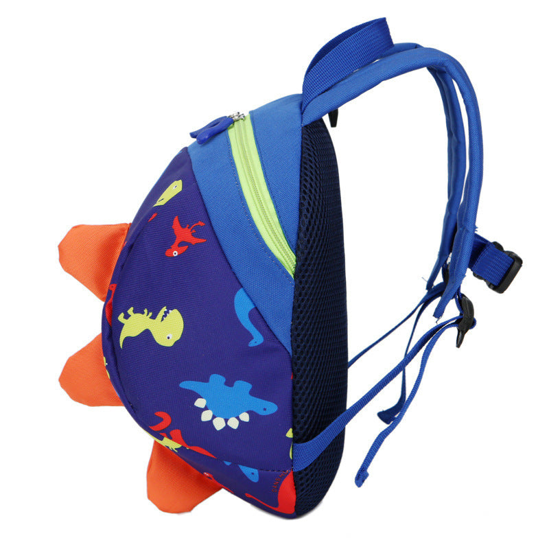 Blue kids anti-lost backpack with dinosaur print and orange side loop details