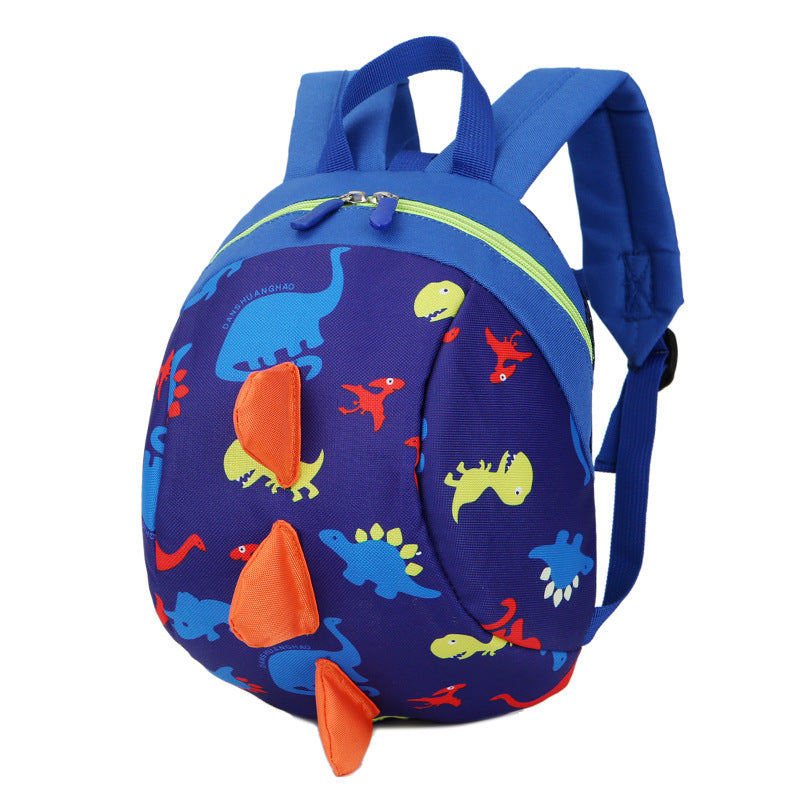 Blue dinosaur print kids backpack with lime trim, front pocket, and hanging orange charms