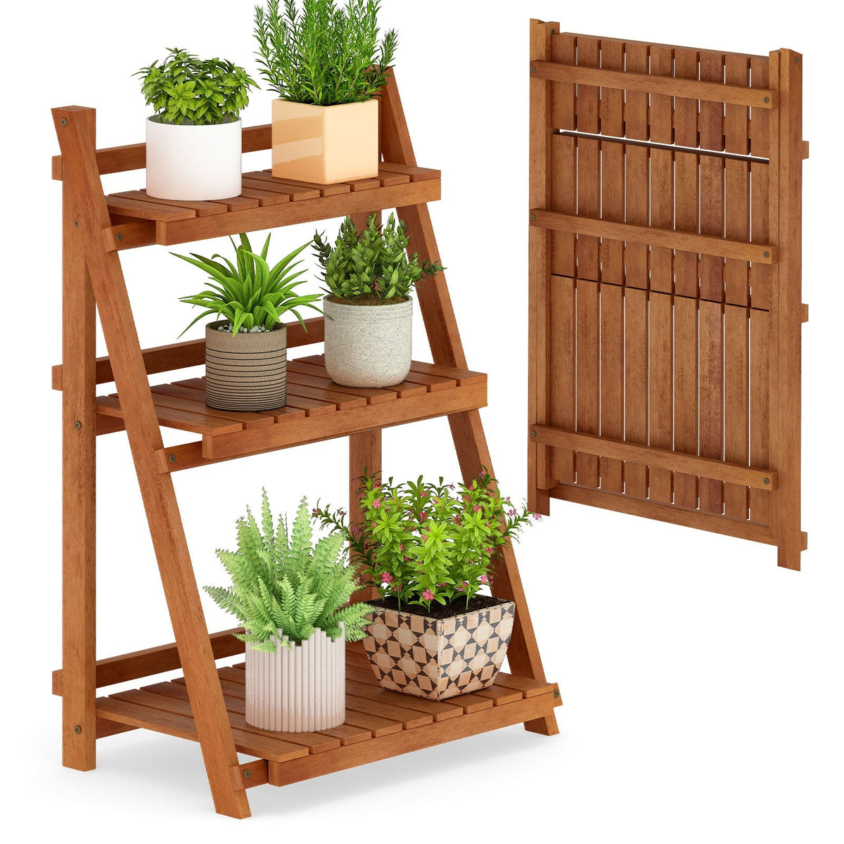 Three-tier folding wood plant stand with slatted back panel and open shelves