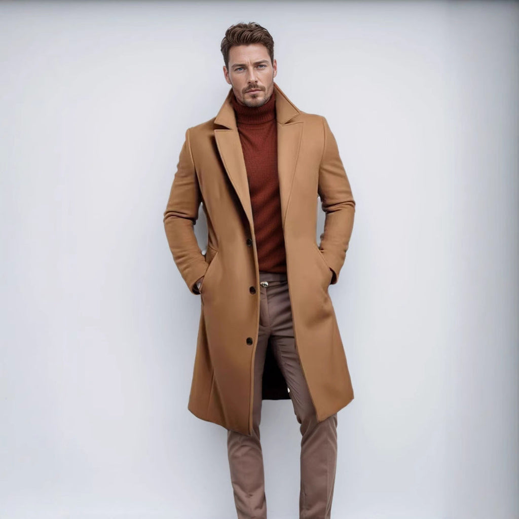 Men's single-breasted long warm coat, tan/camel with notch lapels and button front