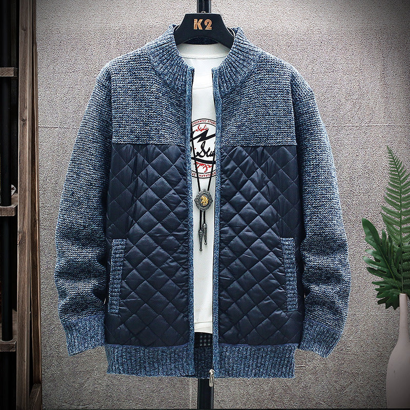 Blue plush sweater jacket with quilted front panels and full zip, ribbed cuffs