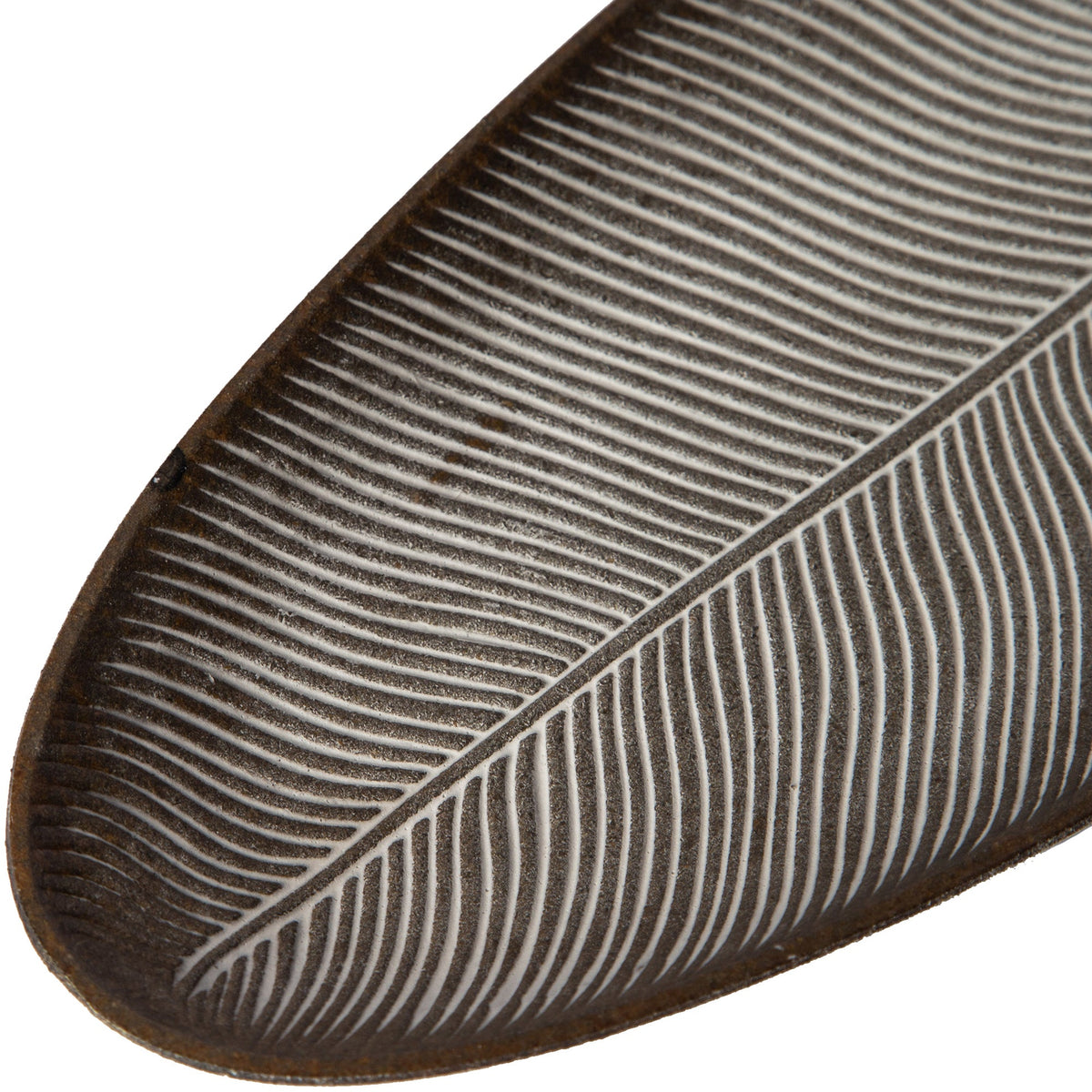 Dark leaf-shaped tray with detailed raised ribbed pattern and rounded rim