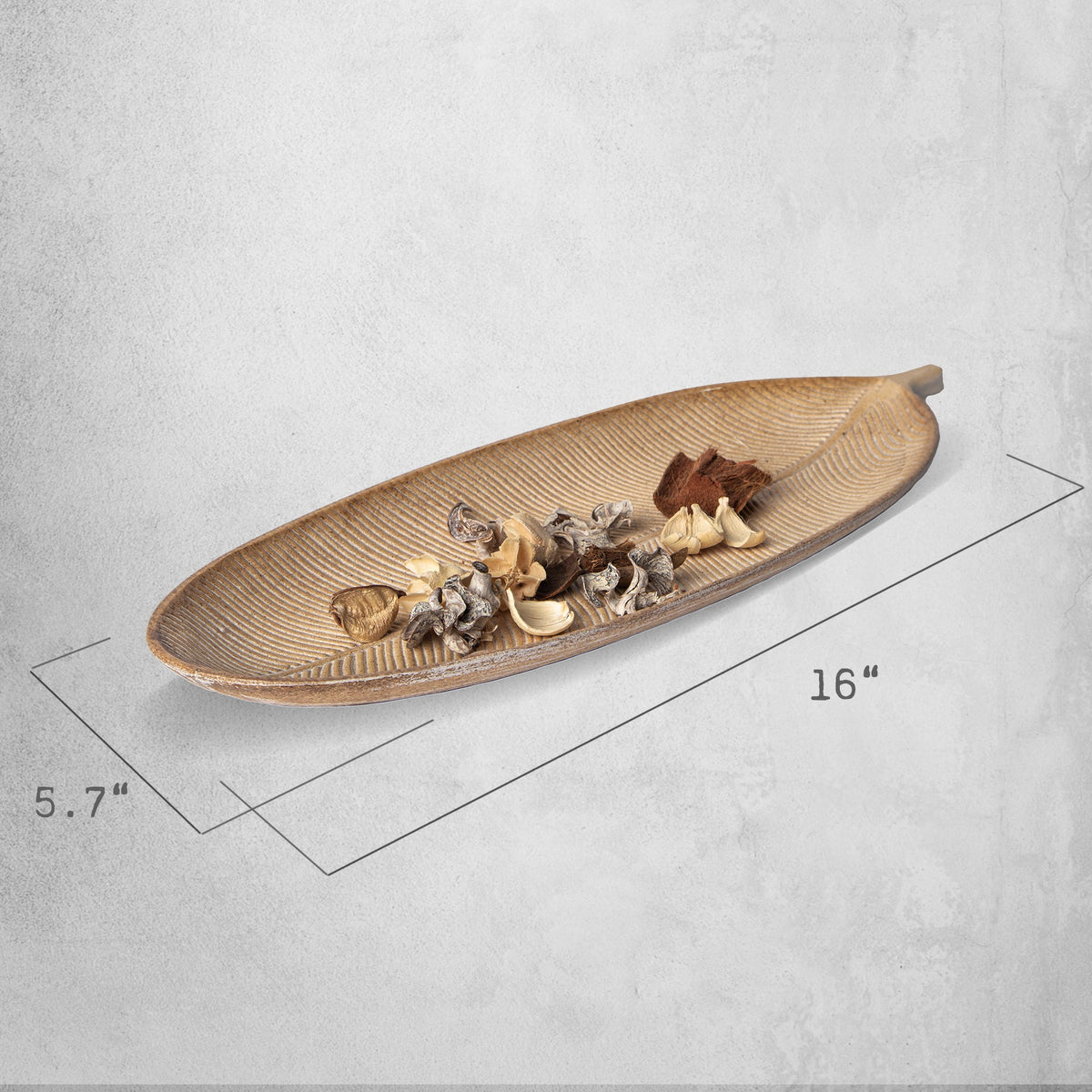 Light leaf-shaped tray with ribbed lines; dried decor and size markings shown