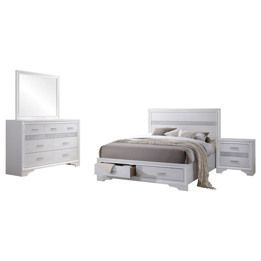 White queen bed set with dresser, mirror, and two nightstands in matching style