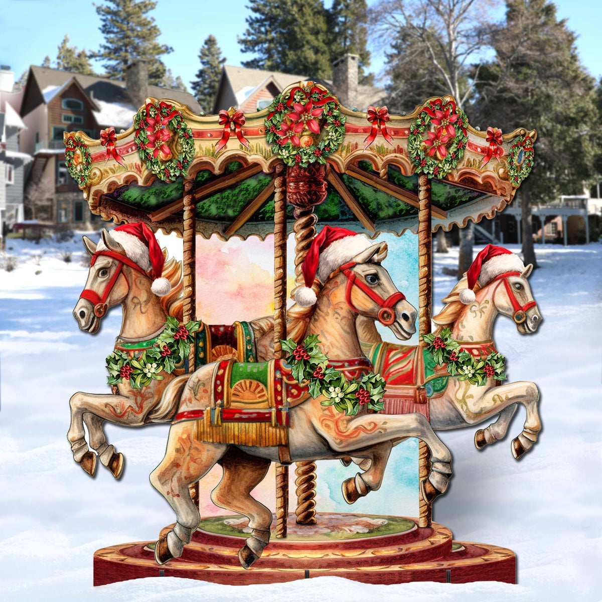 Christmas carousel outdoor decor featuring three carousel horses with red-and-green holiday accents