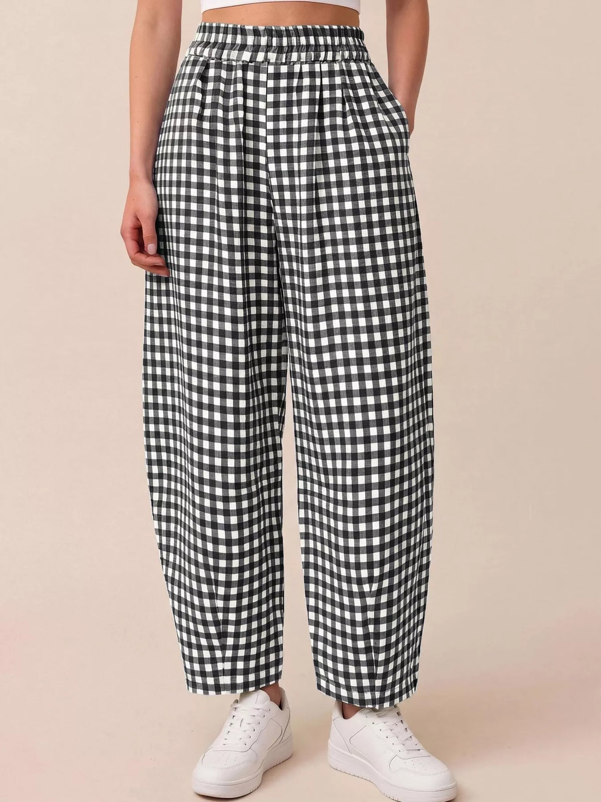Black gingham wide-leg pants with gathered elastic waistband and wide straight legs