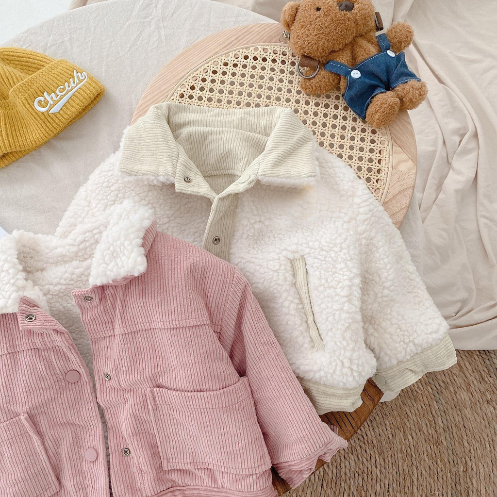 Warm children shirts, beige sherpa button jacket and pink corduroy button jacket