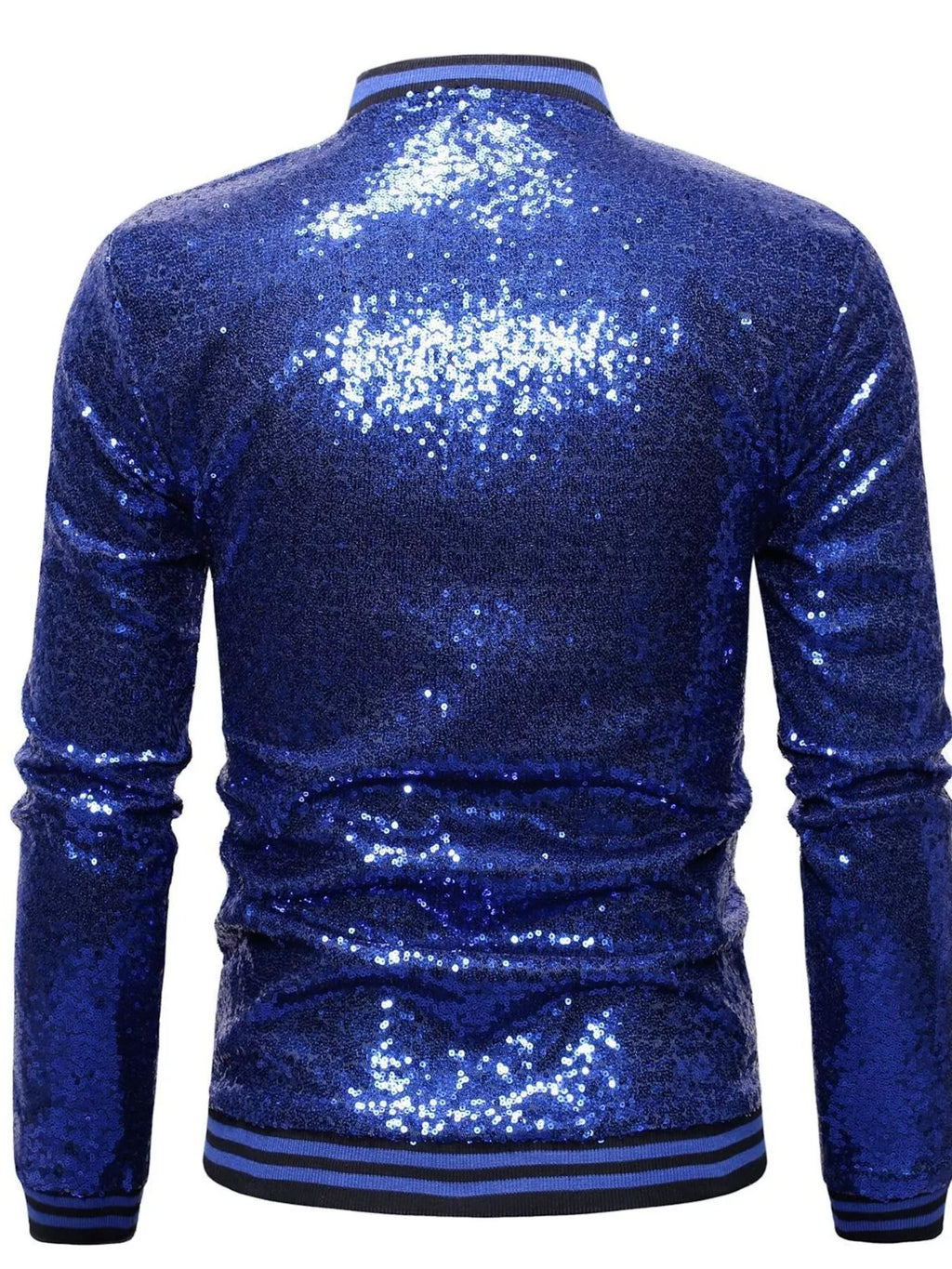 Royal blue sequin zip-up jacket from back view with ribbed dark trim cuffs