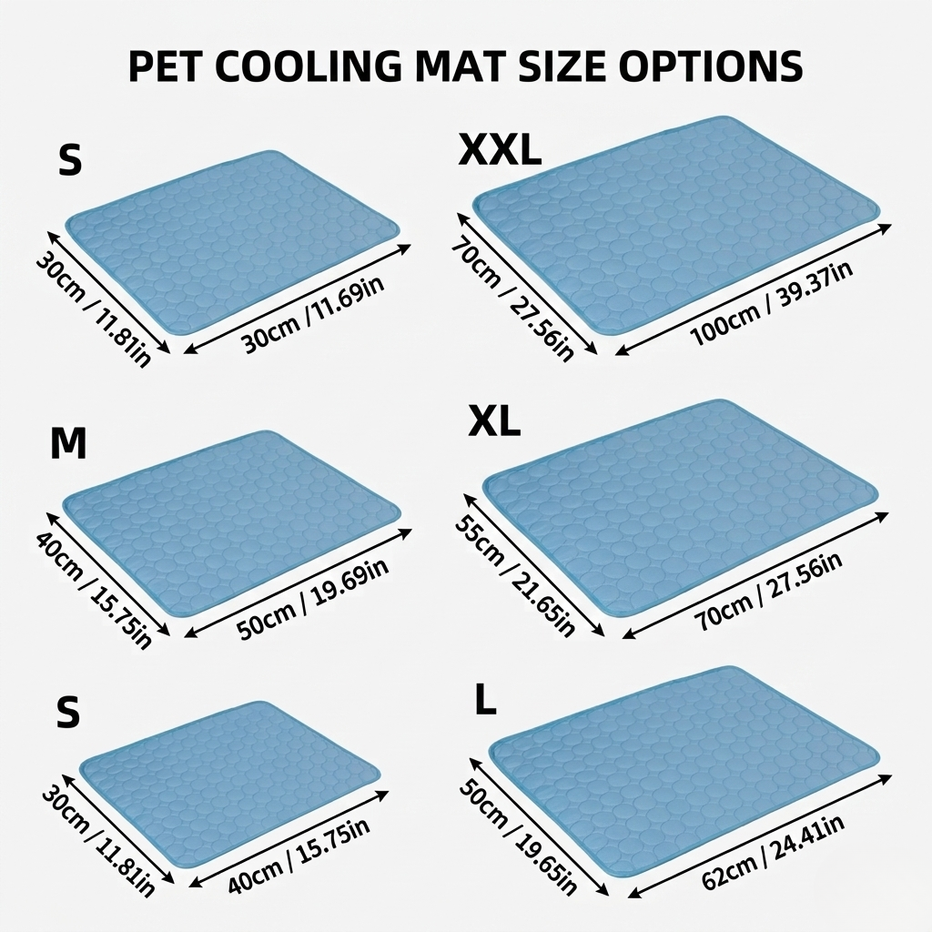 Blue cooling dog bed mat size chart with labeled dimension outlines
