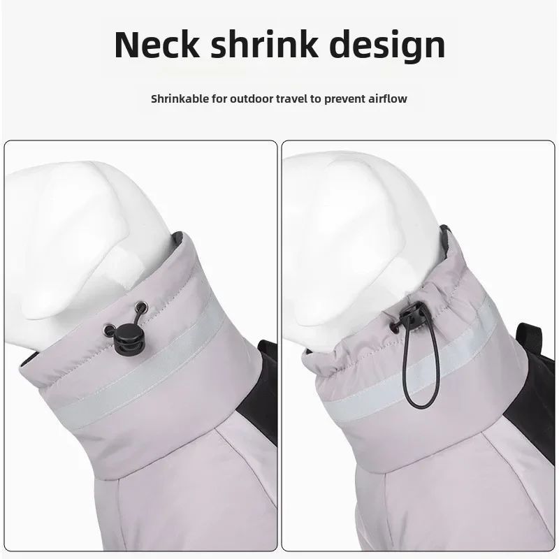 Dog jacket neck shrink design with adjustable drawstring collar