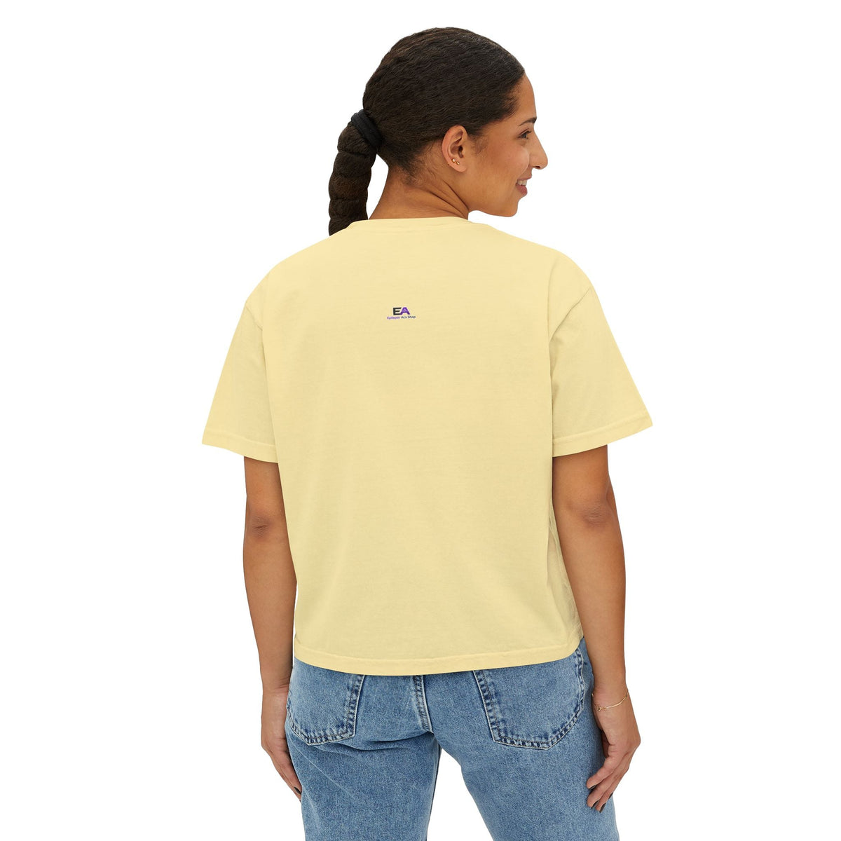 Butter yellow boxy cropped tee with small EA logo at upper back