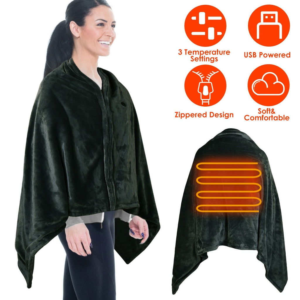 Hooded heated poncho in dark plush with zipper front; heating panel glow on back