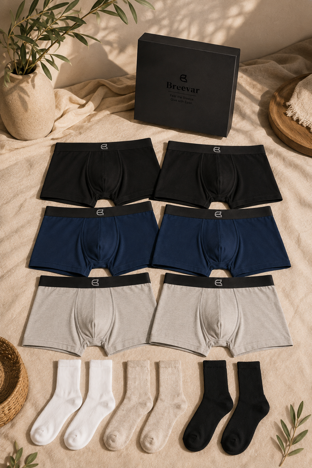 Breevar underwear and socks gift box: black, blue, gray trunks with white and dark socks