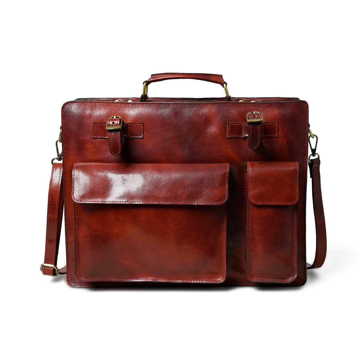 Tan leather briefcase with front flap, buckle accents, and side shoulder strap.