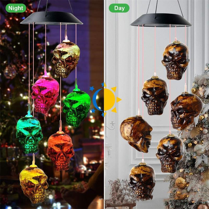 Solar LED skull wind chime with multicolor glowing skull ornaments