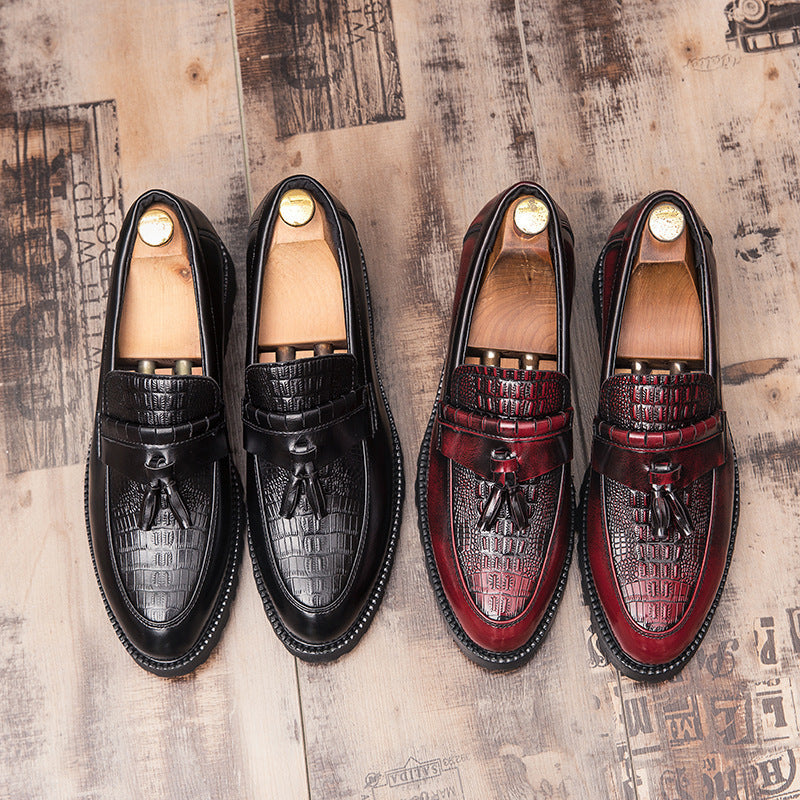 Men's leather loafers set: black and red pairs with tassel and patterned strap