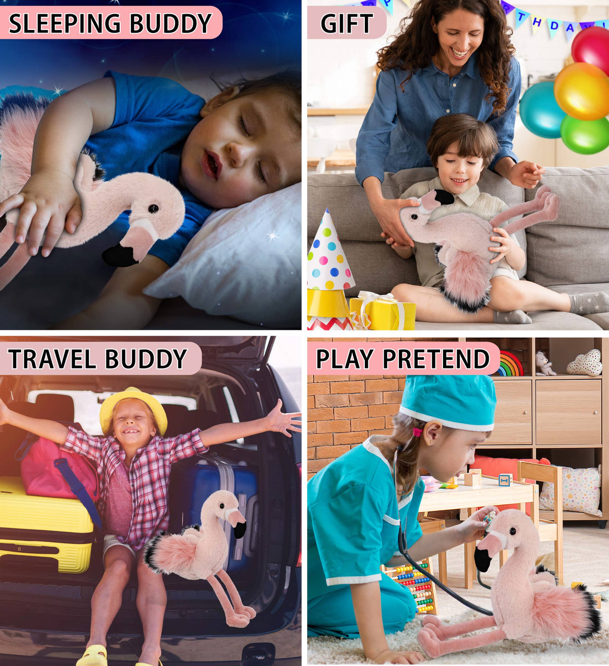 Flamingo plush toy in arms; light-pink fabric with black beak and fluffy pink tail