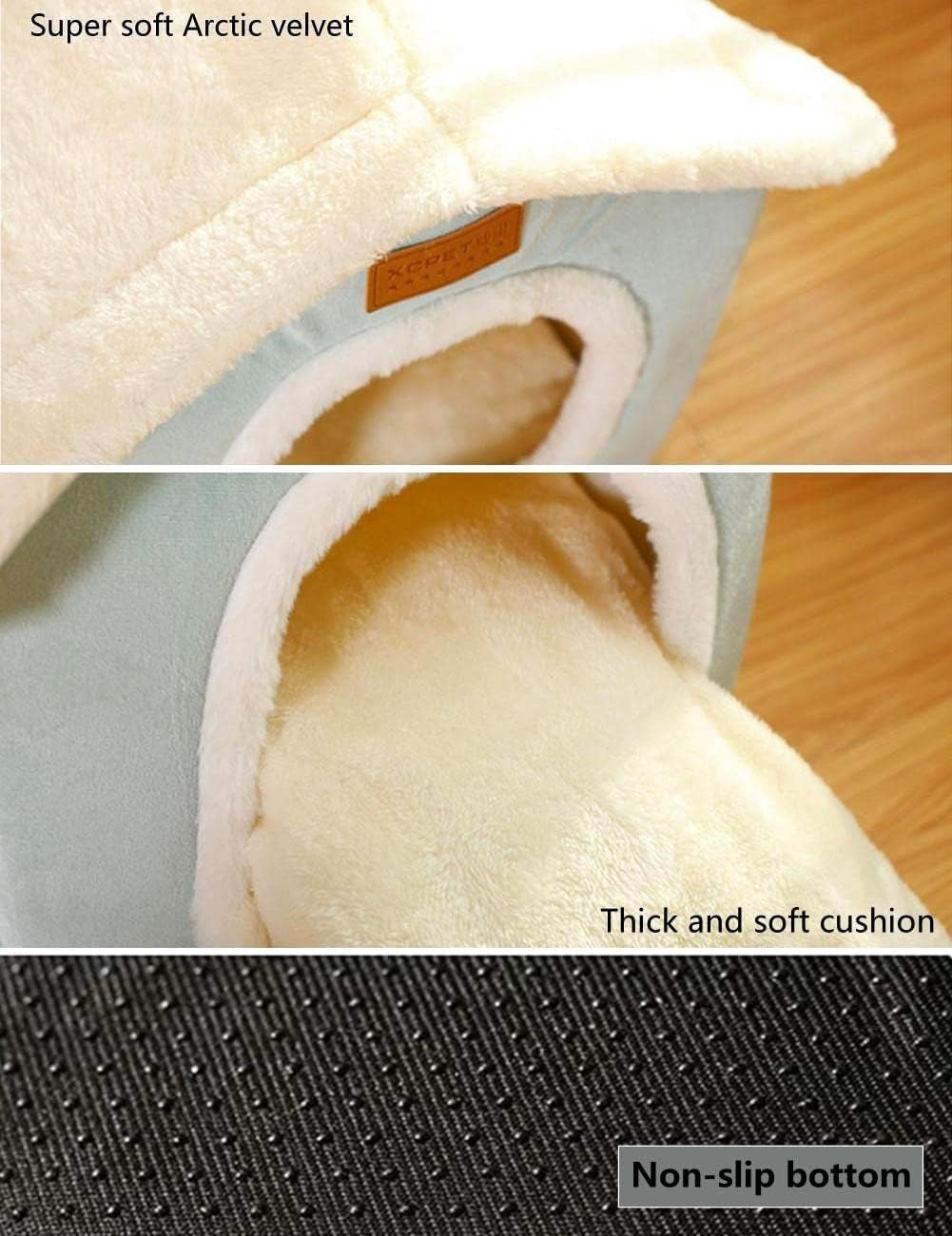 Dog house bed close-up with plush lining, thick soft cushion, and non-slip bottom.