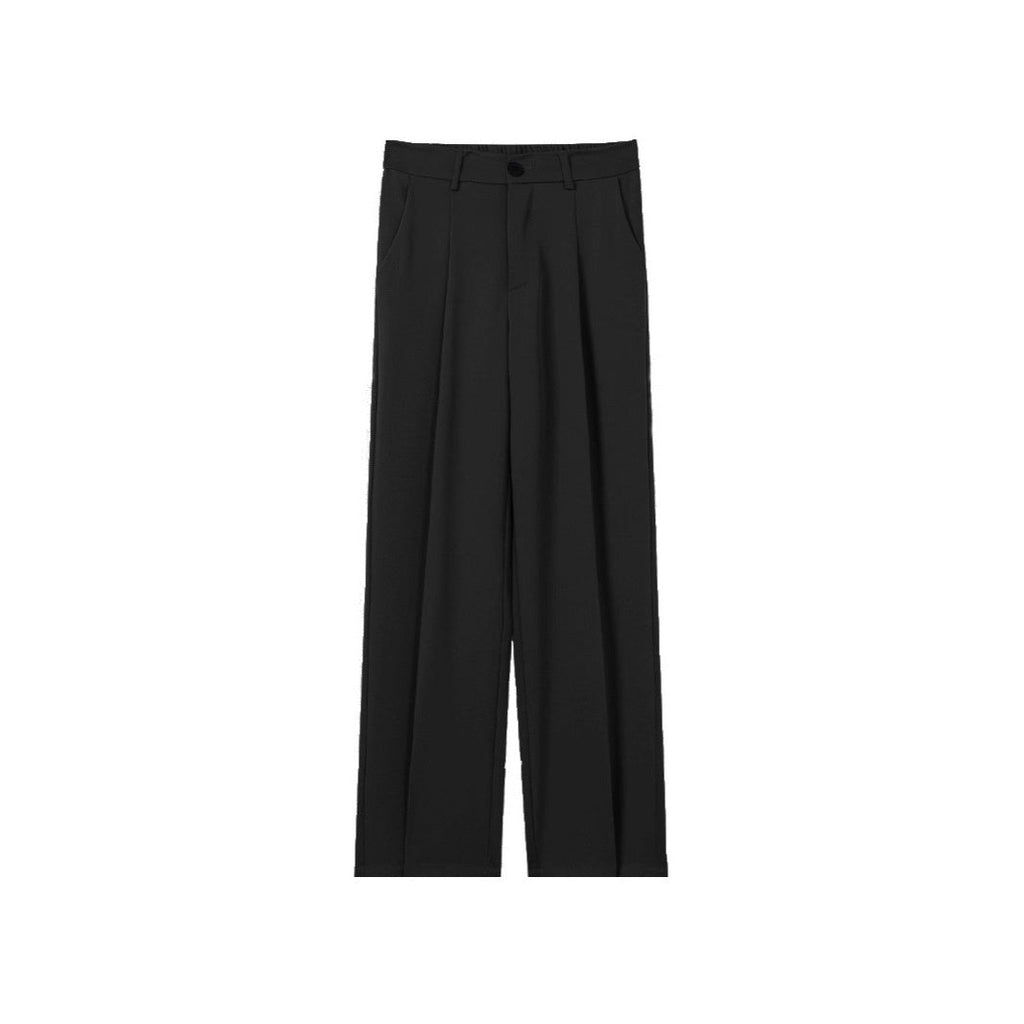 Black straight suit trousers with belt loops, pleated front, and button closure