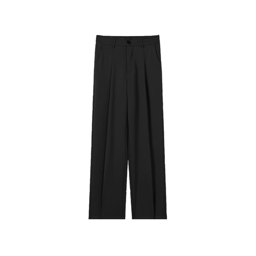Black straight suit trousers with belt loops, pleated front, and button closure