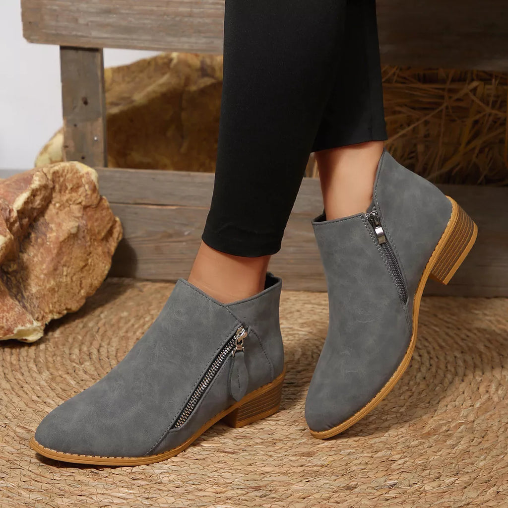 Dark gray suede ankle boots with side zipper and block heel