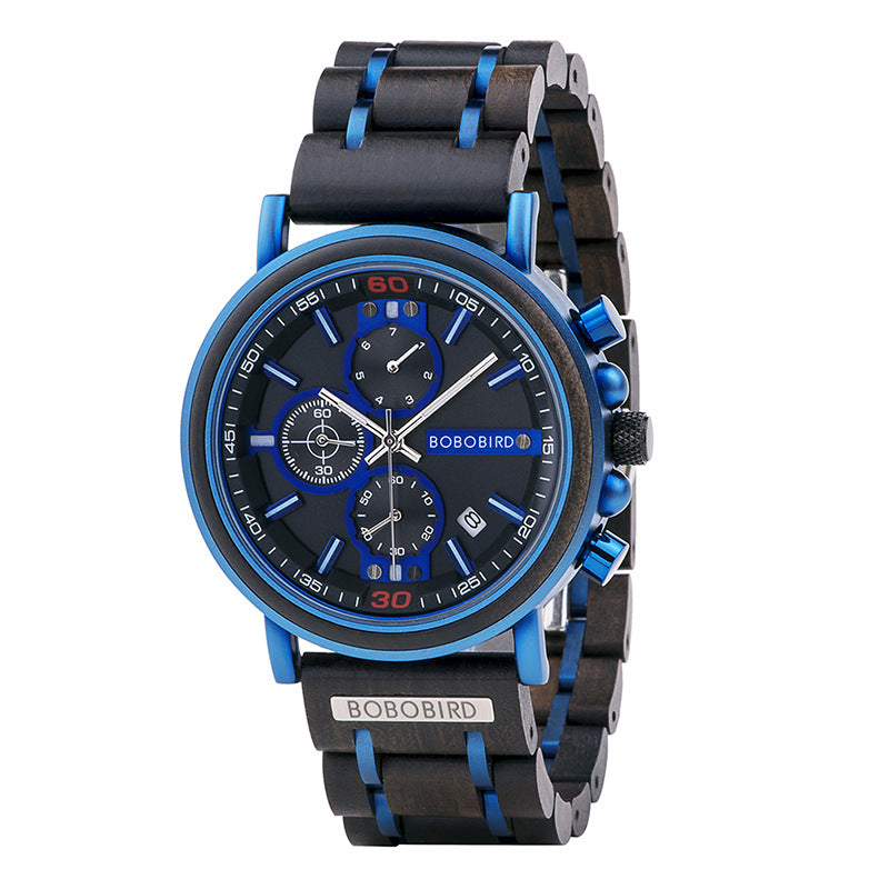 Blue-accent quartz sports wristwatch with dark strap and blue dial with subdials