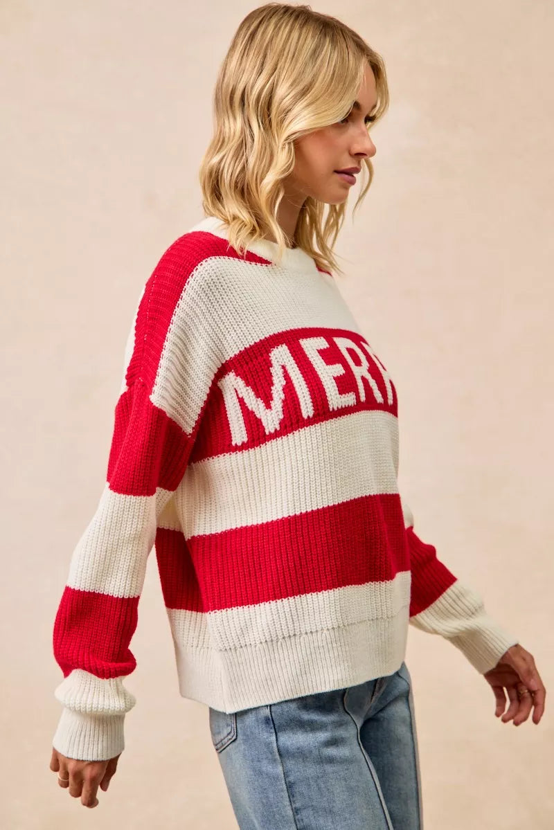 Red-and-ivory striped crewneck sweater with back 'MERRY' knit lettering