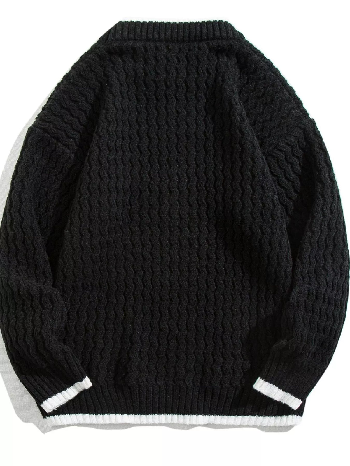 Black textured knit sweater for men, plus size, crew neck, ribbed cuffs and hem