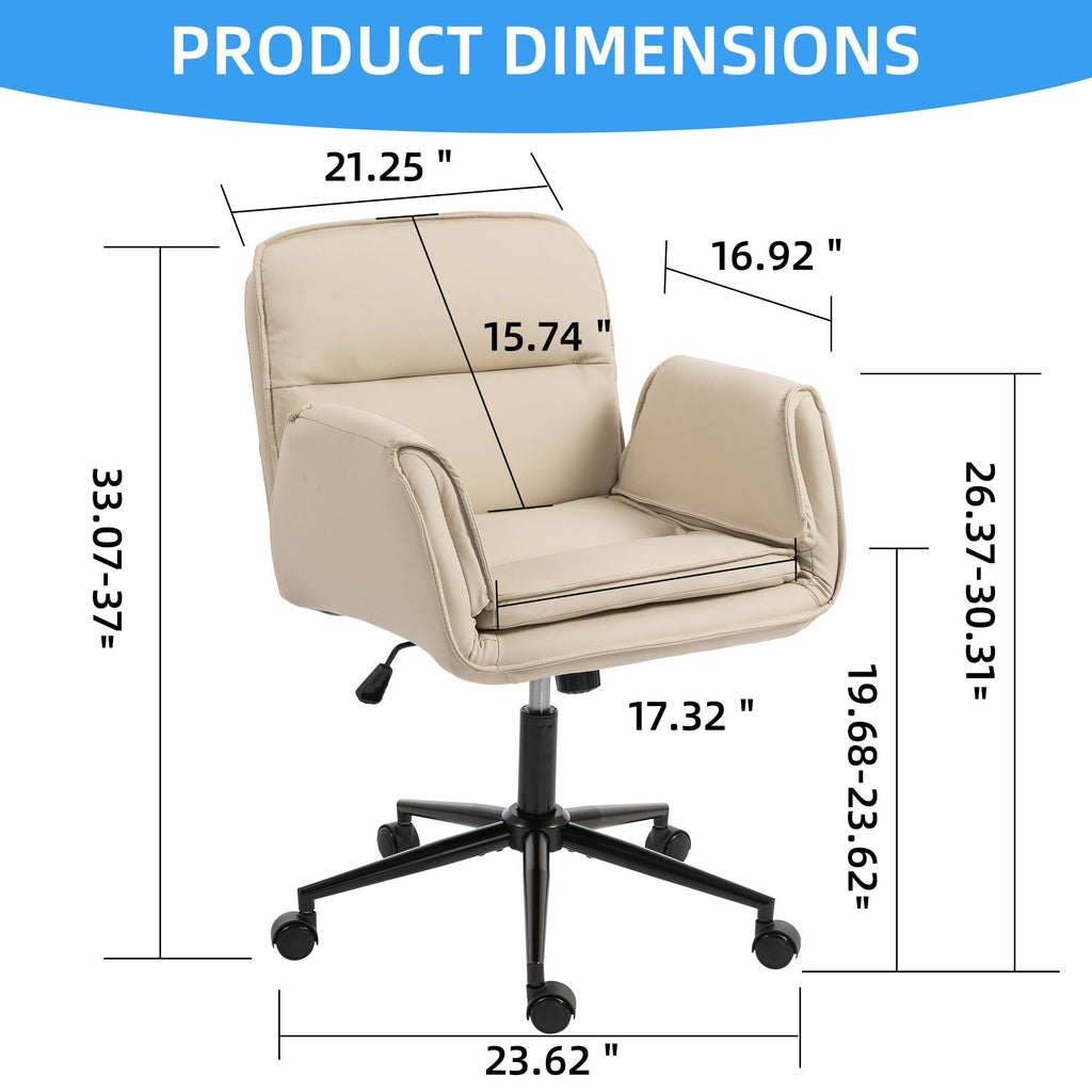 Beige swivel desk chair with padded seat and back, adjustable armrests