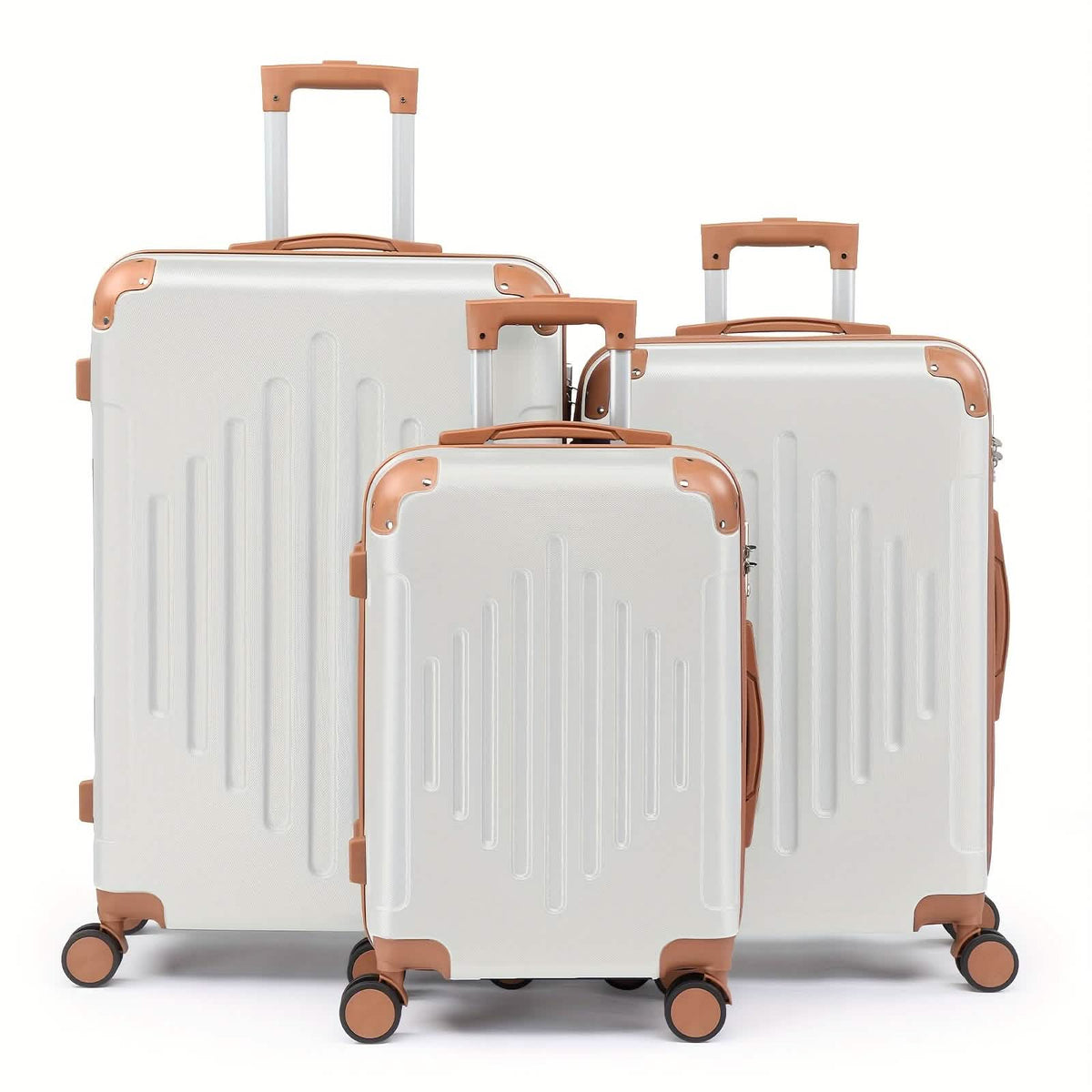 White 3-piece hard shell luggage set with telescopic handles and spinner wheels