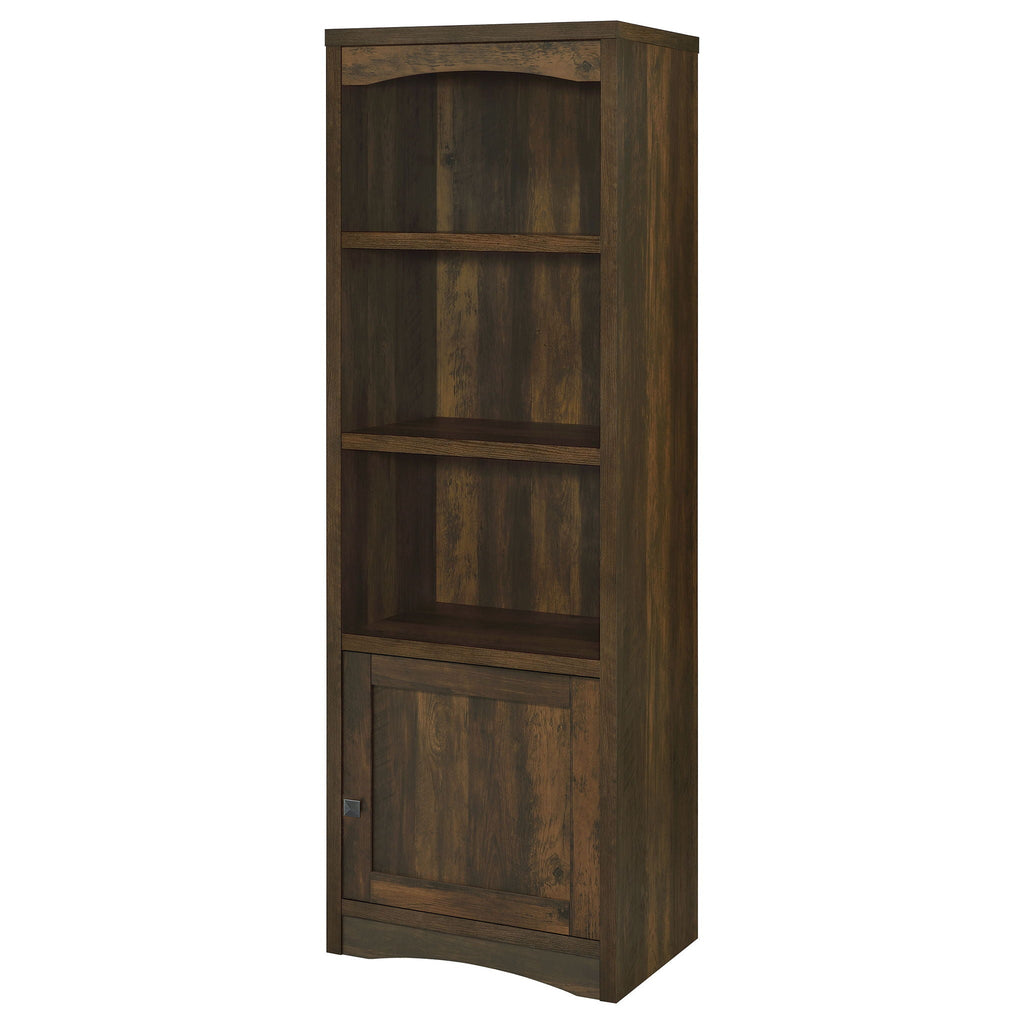 Dark pine media tower with arched top opening, three shelf cubbies, and cabinet door