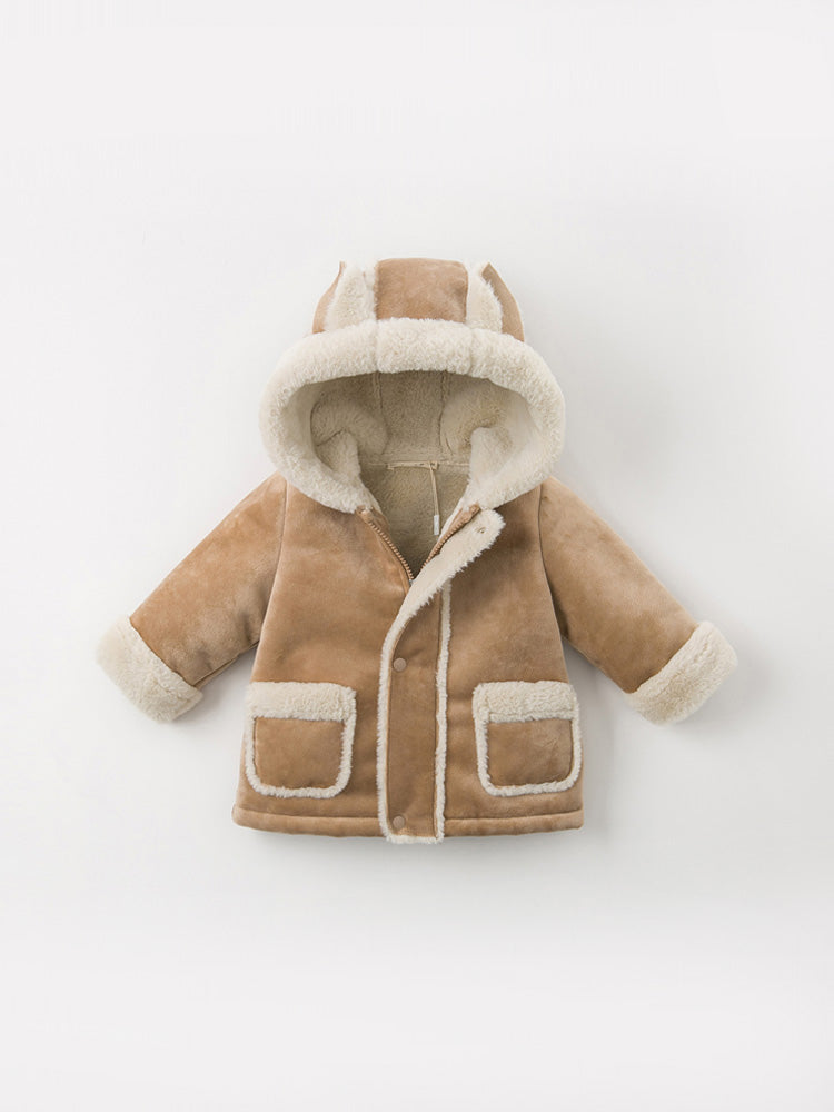Camel baby hooded jacket with sherpa lining, front zipper, and two chest pocket flaps