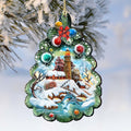 Wooden Christmas ornament shaped like a tree with lighthouse scene and red bow topper