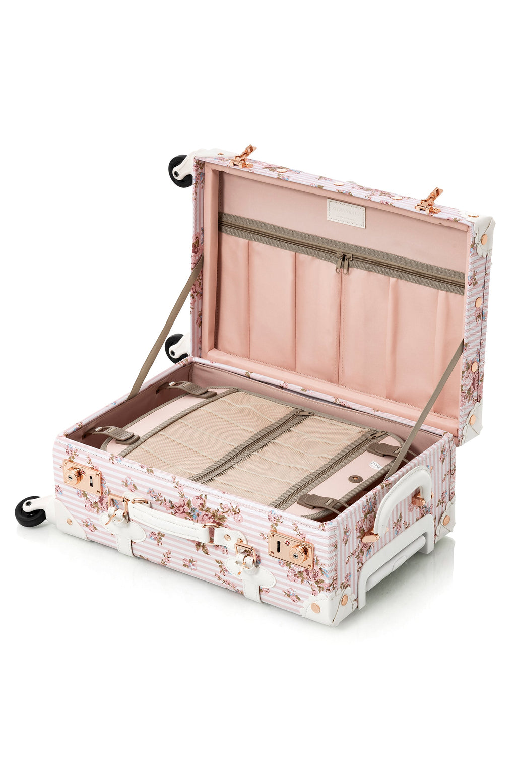 Pink floral rolling suitcase open with interior divider and mesh pocket