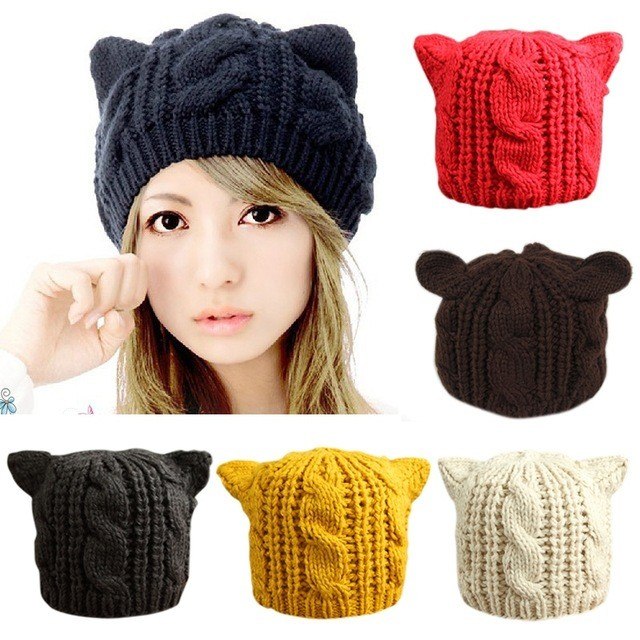 Women’s knitted cat-ear beanie hat, dark navy with textured cable knit front