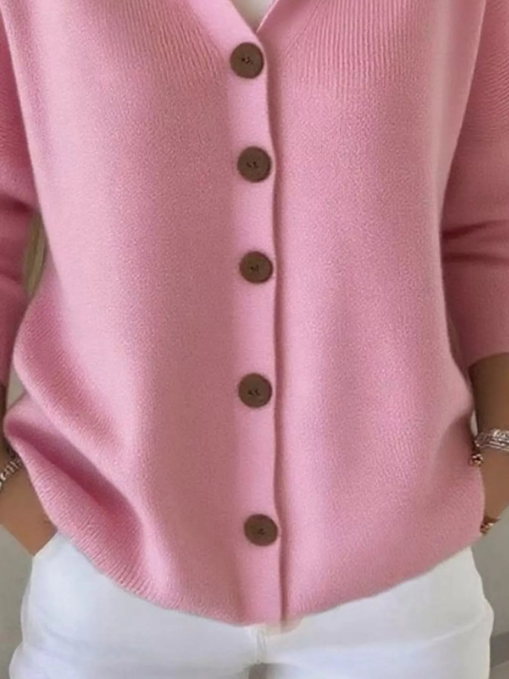 Pink hooded knit cardigan front button placket with long sleeves