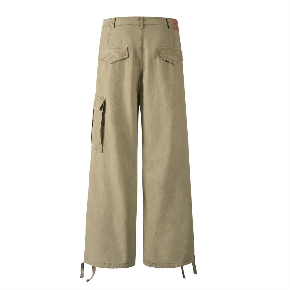 Men's khaki straight-leg work pants with cargo pockets and drawstring hem