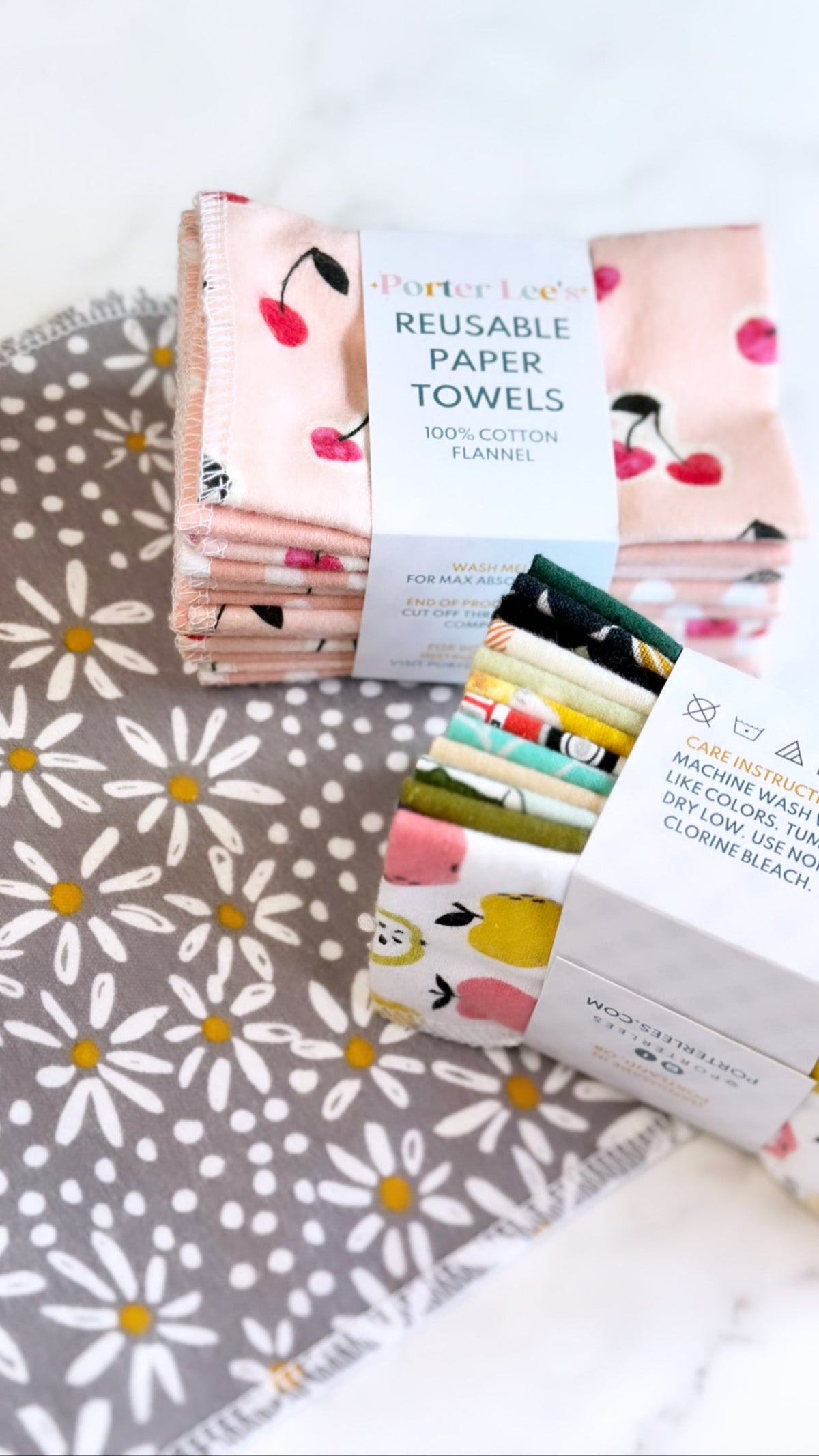 Reusable paper towels set with pink cherry print and assorted colorful patterns, in box