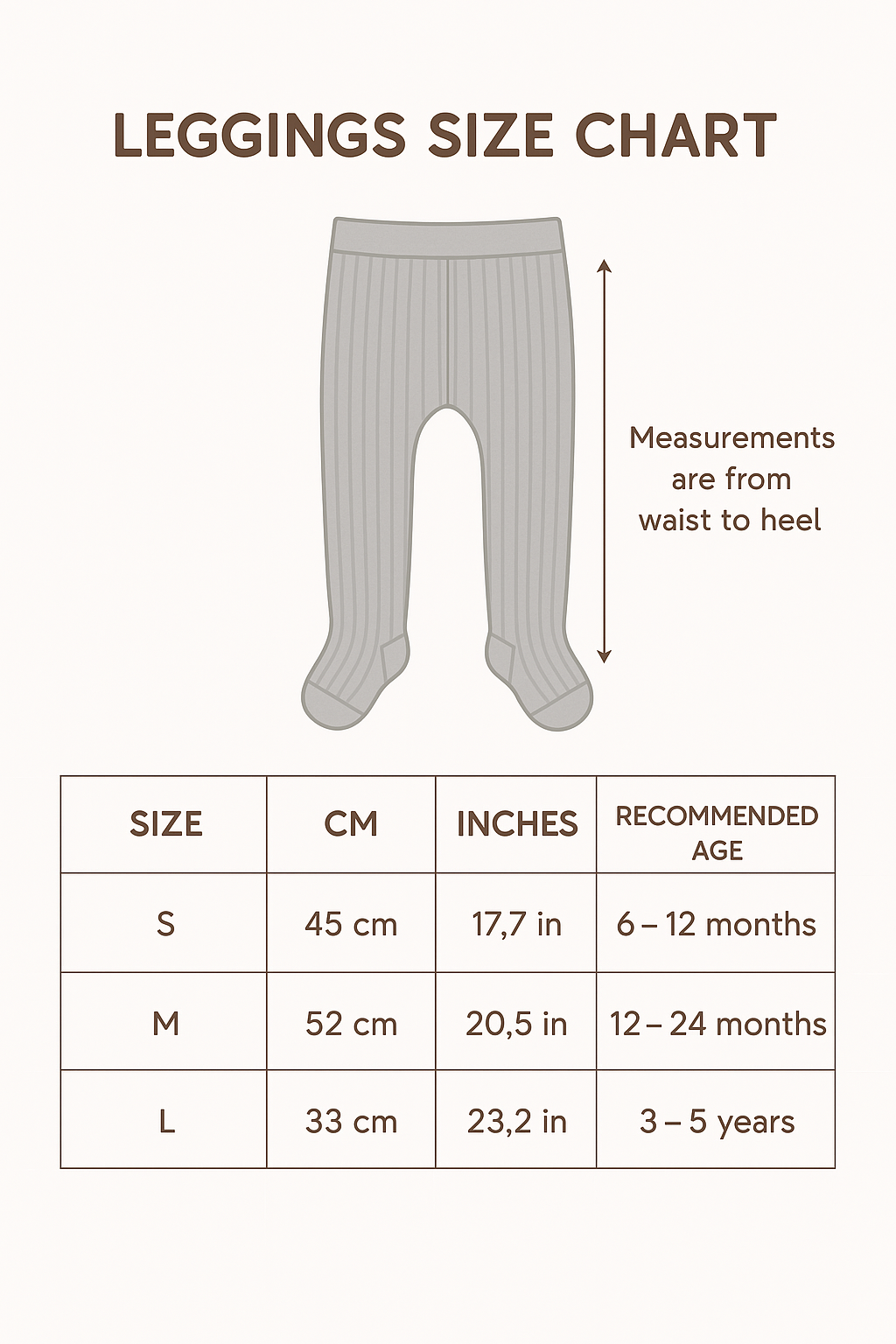 Leggings size chart graphic for toddlers and babies, with height and recommended age