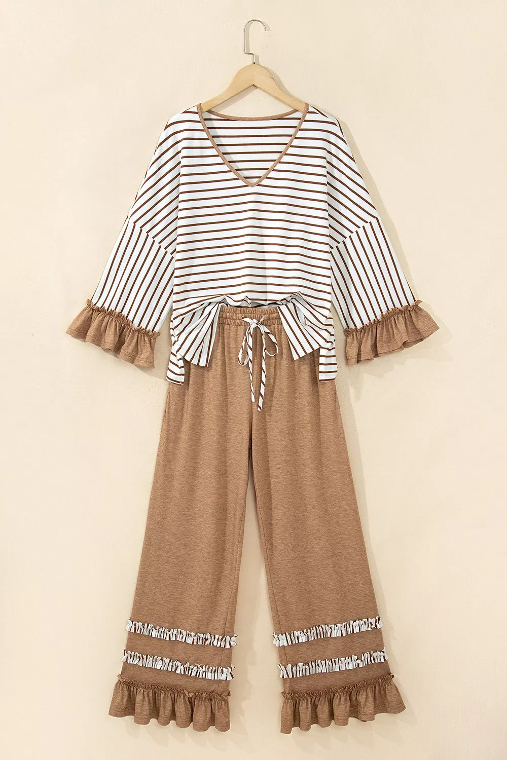 Camel striped V-neck ruffle sleeve top with drawstring wide-leg pants, full set